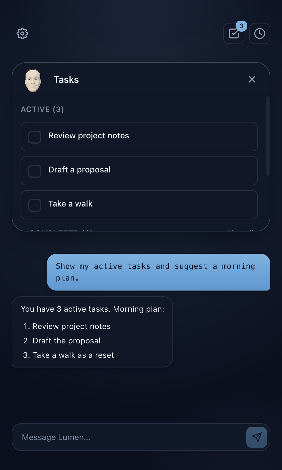 Lumen opens an interactive task card above the conversation